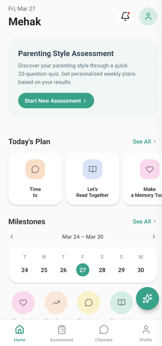 Kindling home screen with a parenting-style assessment, a daily plan and weekly milestones