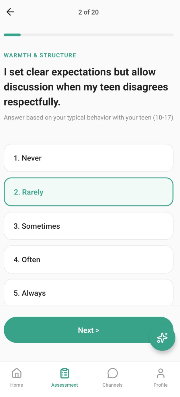 Kindling assessment question about warmth and structure, with five answer options